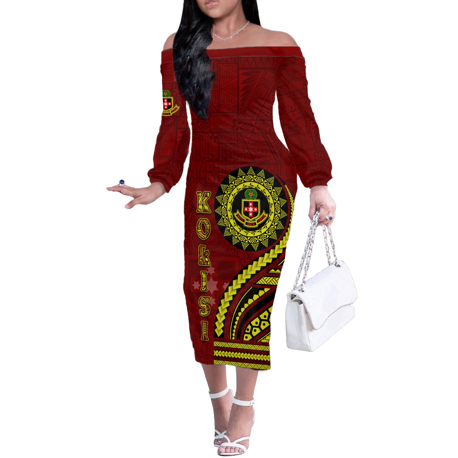 Kolisi Tonga Atele Off The Shoulder Long Sleeve Dress Ngatu and Polynesian Pattern LT03 Women Red - Polynesian Pride