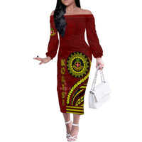 Kolisi Tonga Atele Off The Shoulder Long Sleeve Dress Ngatu and Polynesian Pattern LT03 Women Red - Polynesian Pride