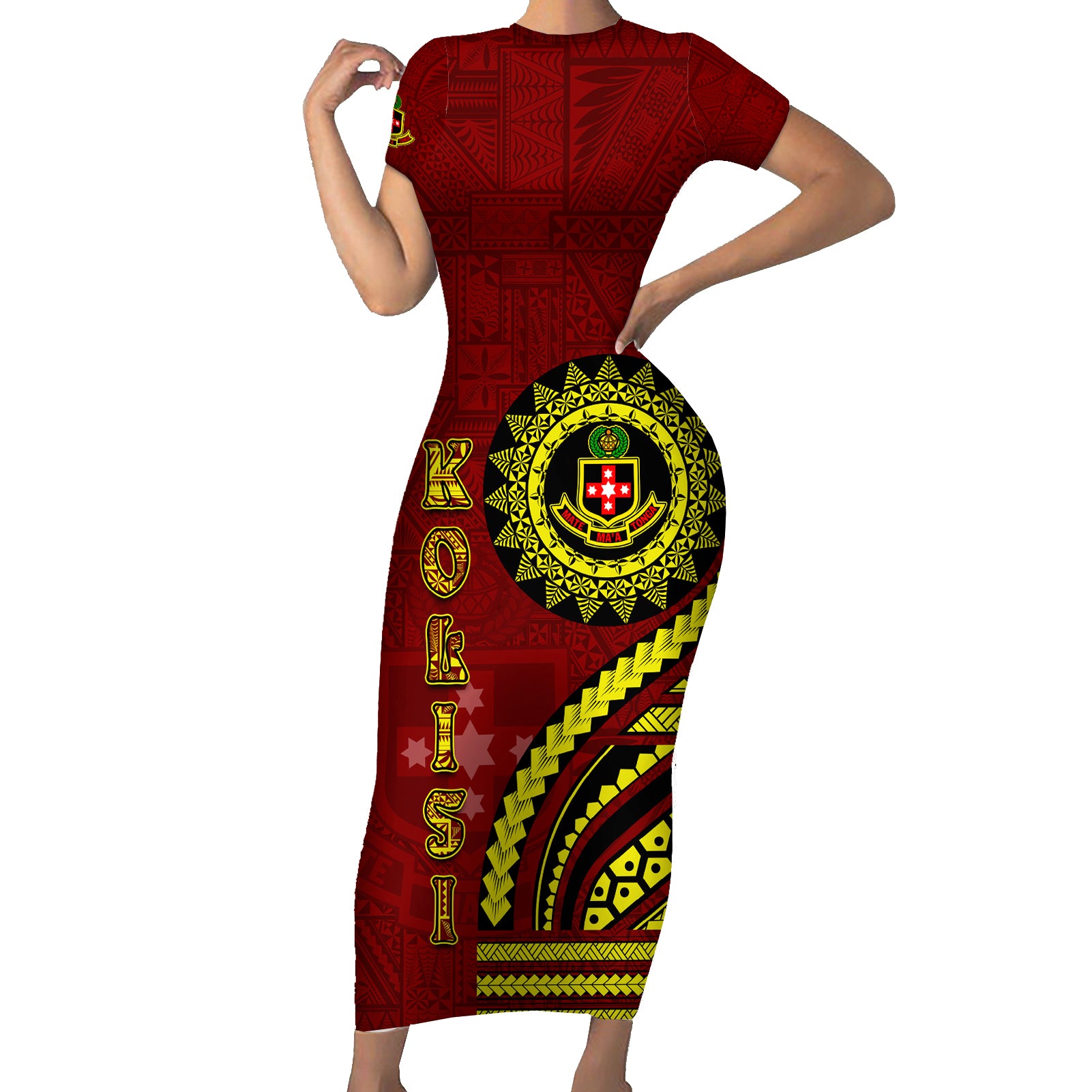 Kolisi Tonga Atele Short Sleeve Bodycon Dress Ngatu and Polynesian Pattern