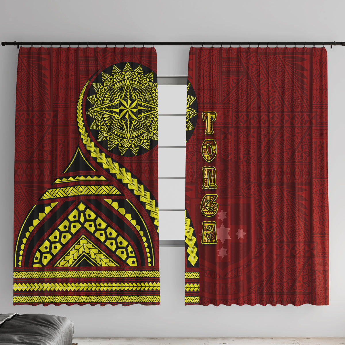 Kolisi Tonga Atele Window Curtain Ngatu and Polynesian Pattern LT03 With Hooks Red - Polynesian Pride