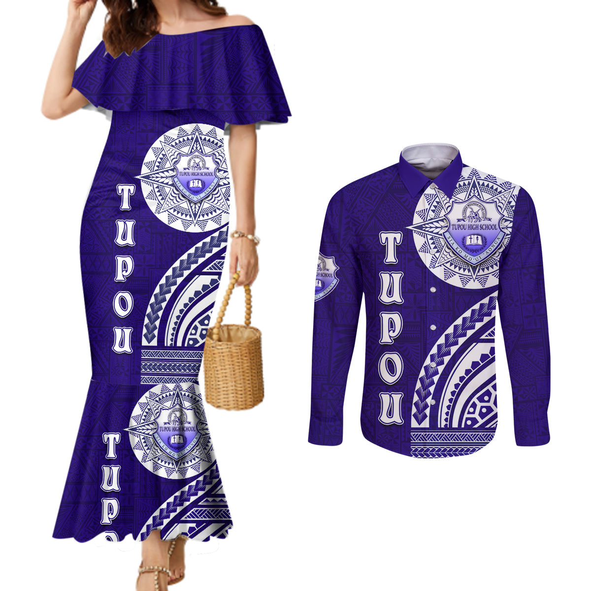 Tupou College Toloa Couples Matching Mermaid Dress and Long Sleeve Button Shirt Ngatu and Polynesian Pattern