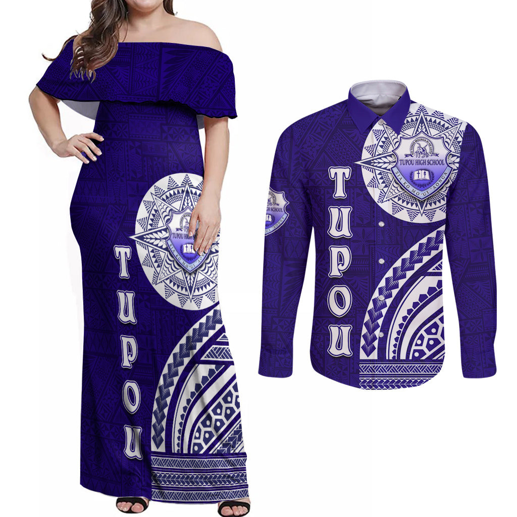 Tupou College Toloa Couples Matching Off Shoulder Maxi Dress and Long Sleeve Button Shirt Ngatu and Polynesian Pattern