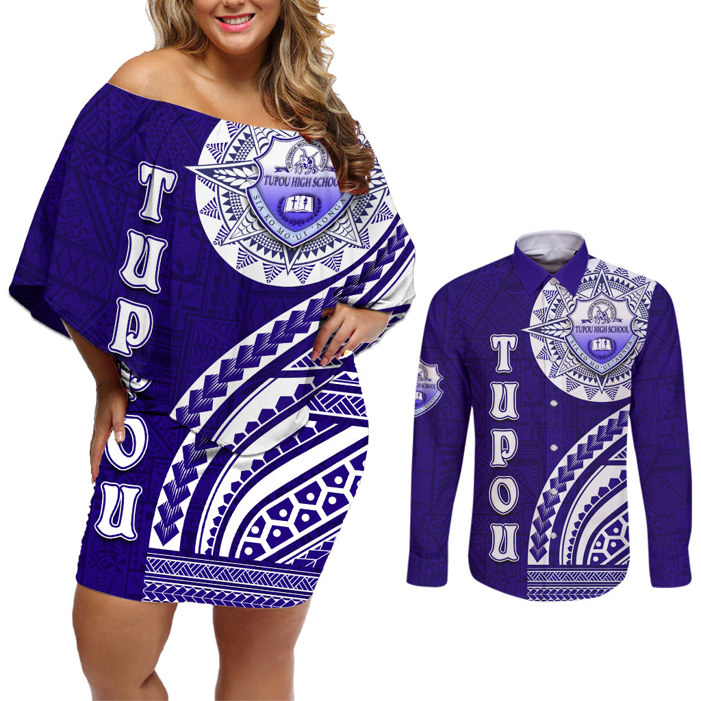 Tupou College Toloa Couples Matching Off Shoulder Short Dress and Long Sleeve Button Shirt Ngatu and Polynesian Pattern