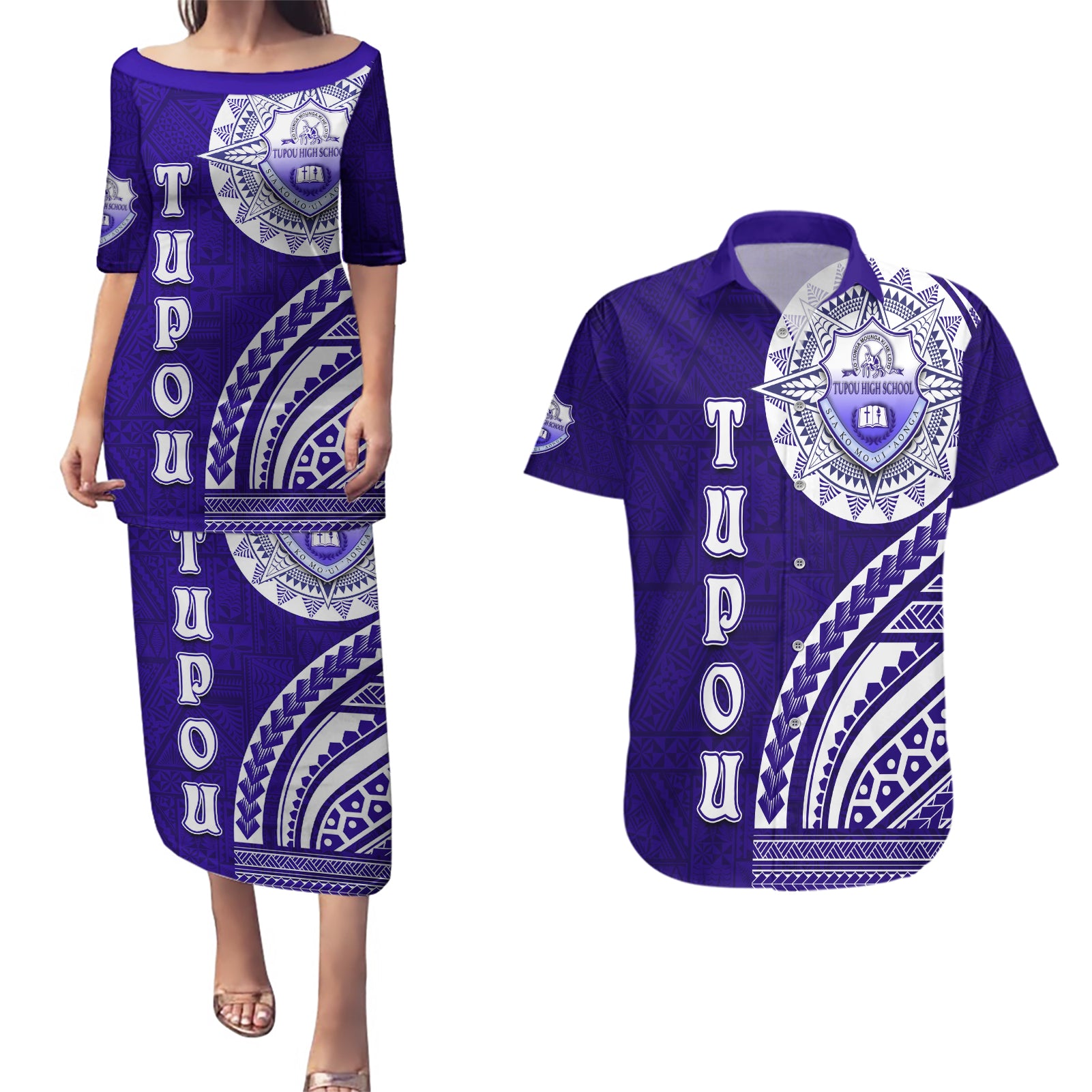 Tupou College Toloa Couples Matching Puletasi and Hawaiian Shirt Ngatu and Polynesian Pattern