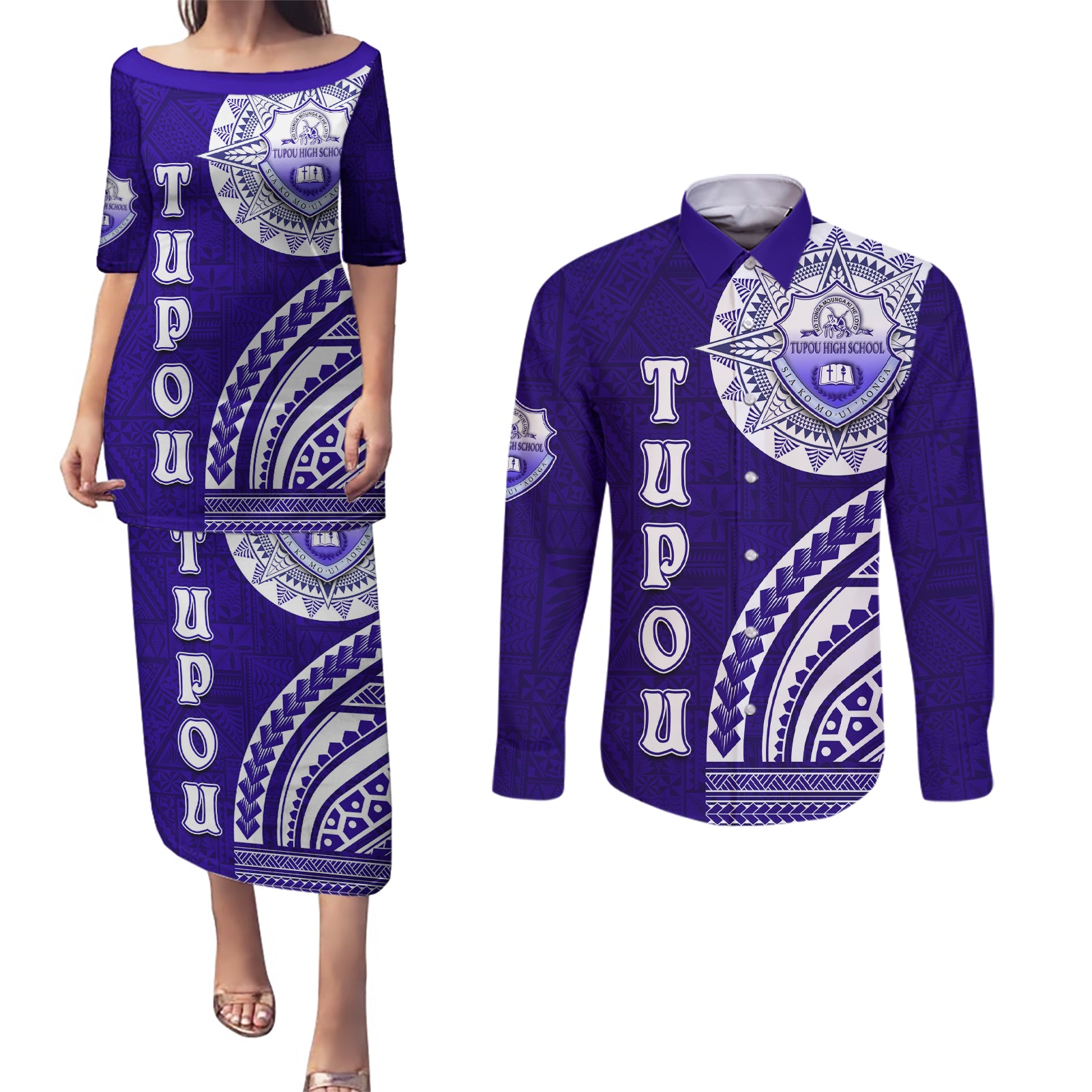 Tupou College Toloa Couples Matching Puletasi and Long Sleeve Button Shirt Ngatu and Polynesian Pattern