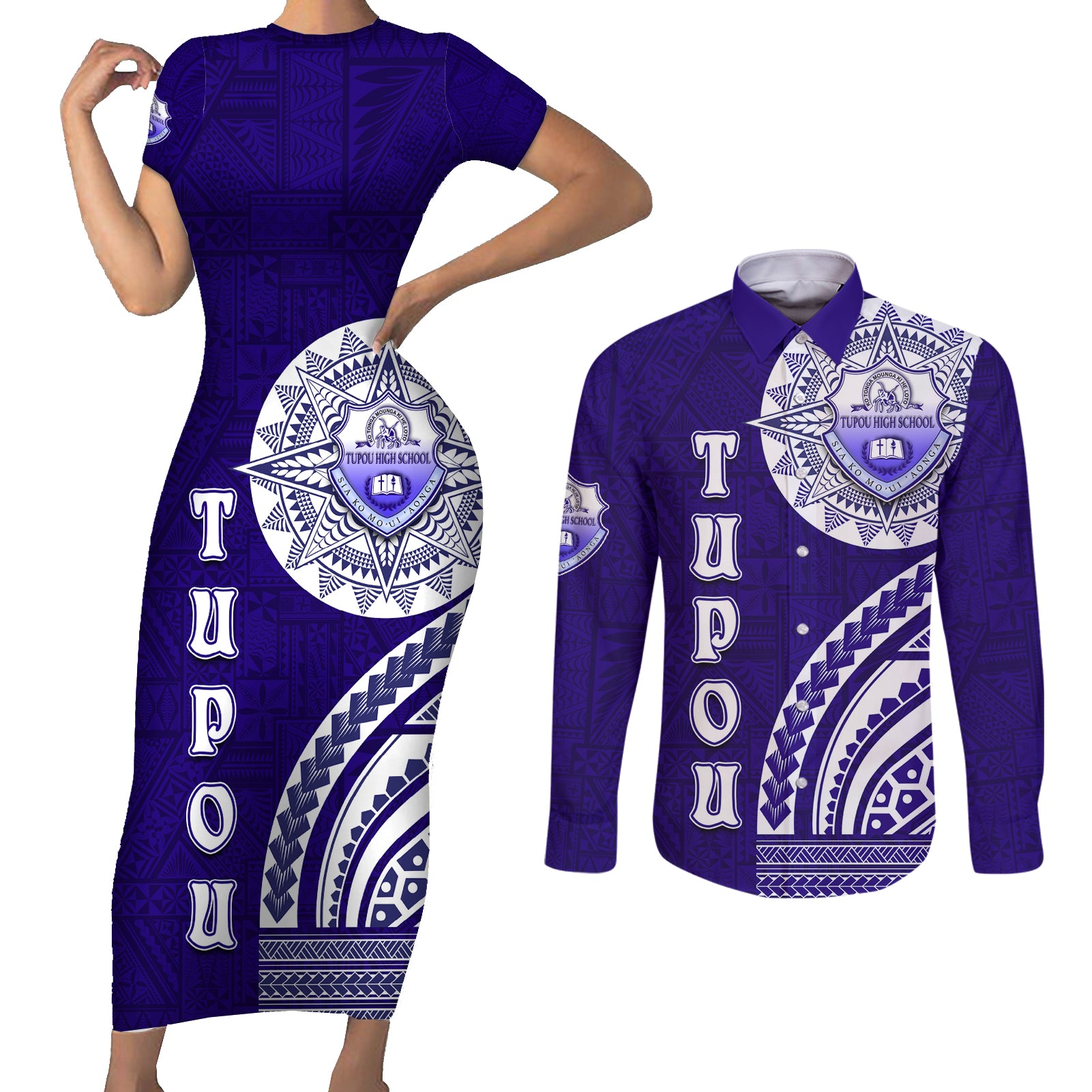 Tupou College Toloa Couples Matching Short Sleeve Bodycon Dress and Long Sleeve Button Shirt Ngatu and Polynesian Pattern