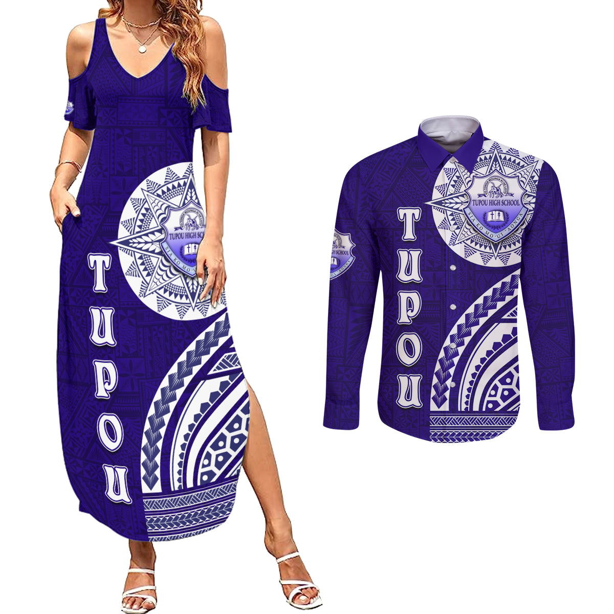 Tupou College Toloa Couples Matching Summer Maxi Dress and Long Sleeve Button Shirt Ngatu and Polynesian Pattern