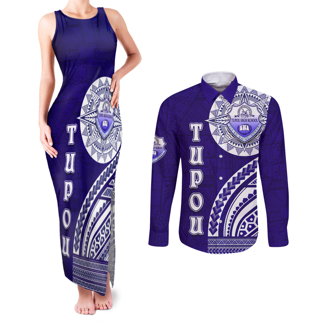 Tupou College Toloa Couples Matching Tank Maxi Dress and Long Sleeve Button Shirt Ngatu and Polynesian Pattern