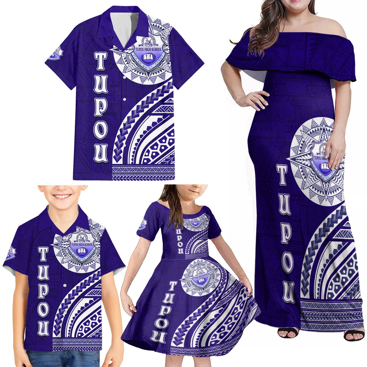 Tupou College Toloa Family Matching Off Shoulder Maxi Dress and Hawaiian Shirt Ngatu and Polynesian Pattern