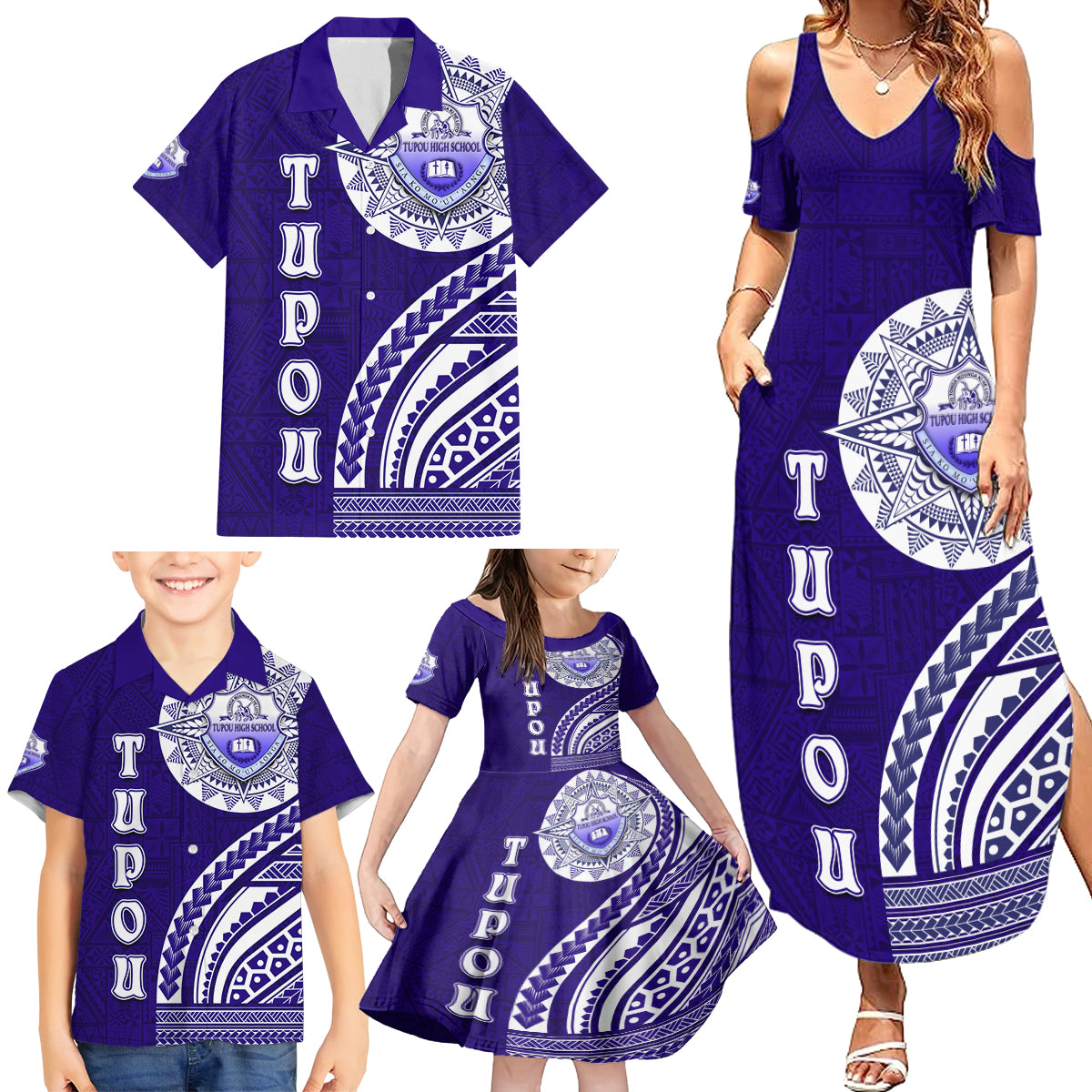 Tupou College Toloa Family Matching Summer Maxi Dress and Hawaiian Shirt Ngatu and Polynesian Pattern