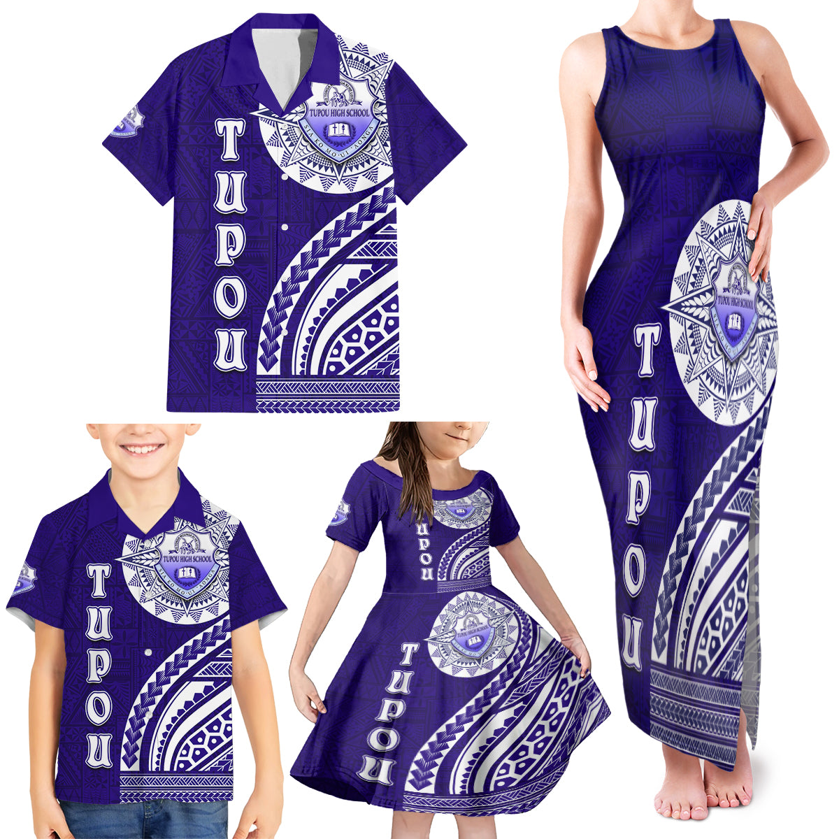 Tupou College Toloa Family Matching Tank Maxi Dress and Hawaiian Shirt Ngatu and Polynesian Pattern