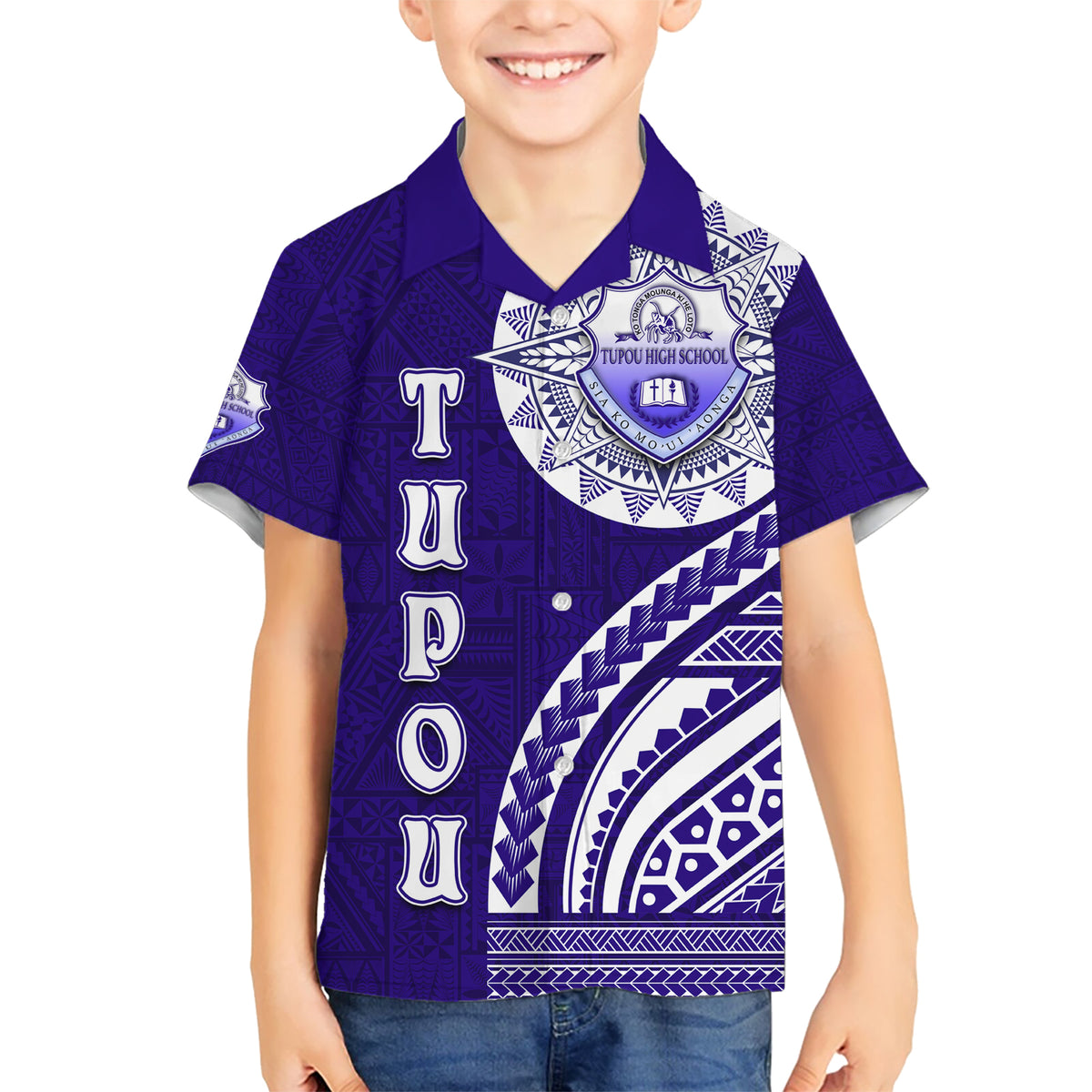 Tupou College Toloa Kid Hawaiian Shirt Ngatu and Polynesian Pattern LT03 Kid Blue - Polynesian Pride