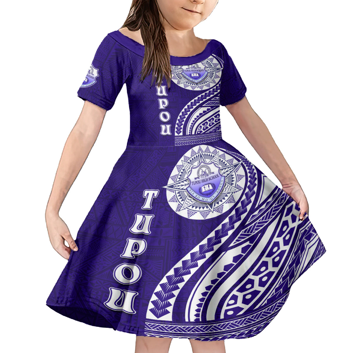 Tupou College Toloa Kid Short Sleeve Dress Ngatu and Polynesian Pattern LT03 KID Blue - Polynesian Pride