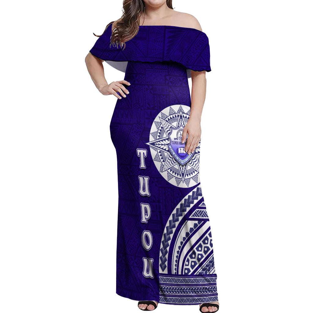 Tupou College Toloa Off Shoulder Maxi Dress Ngatu and Polynesian Pattern