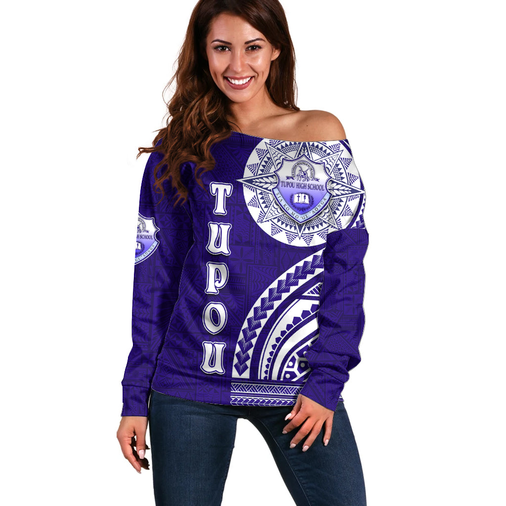 Tupou College Toloa Off Shoulder Sweater Ngatu and Polynesian Pattern LT03 Women Blue - Polynesian Pride
