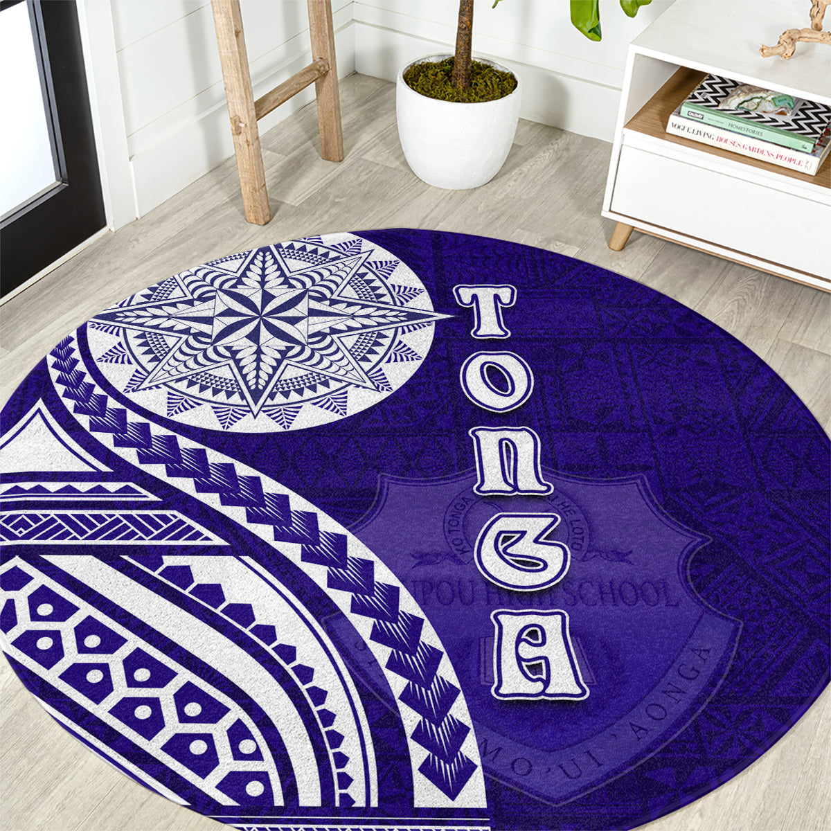 Tupou College Toloa Round Carpet Ngatu and Polynesian Pattern LT03 Blue - Polynesian Pride