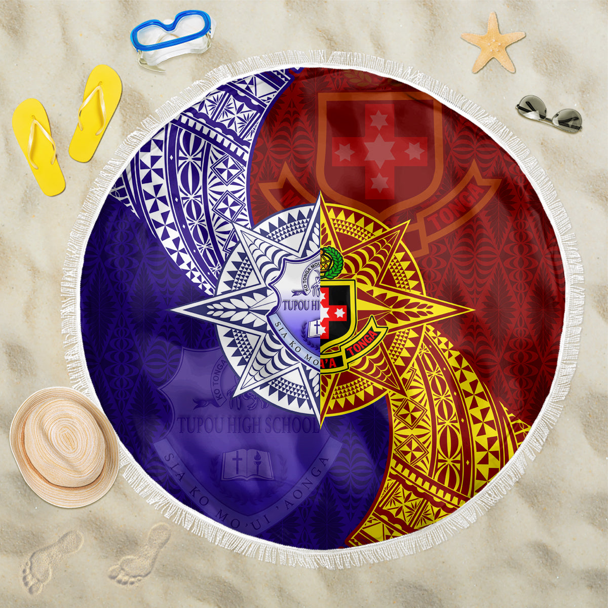 Kolisi Tonga Atele and Tupou College Toloa Beach Blanket Ngatu and Polynesian Spiral Pattern LT03 One Size 150cm Red - Polynesian Pride