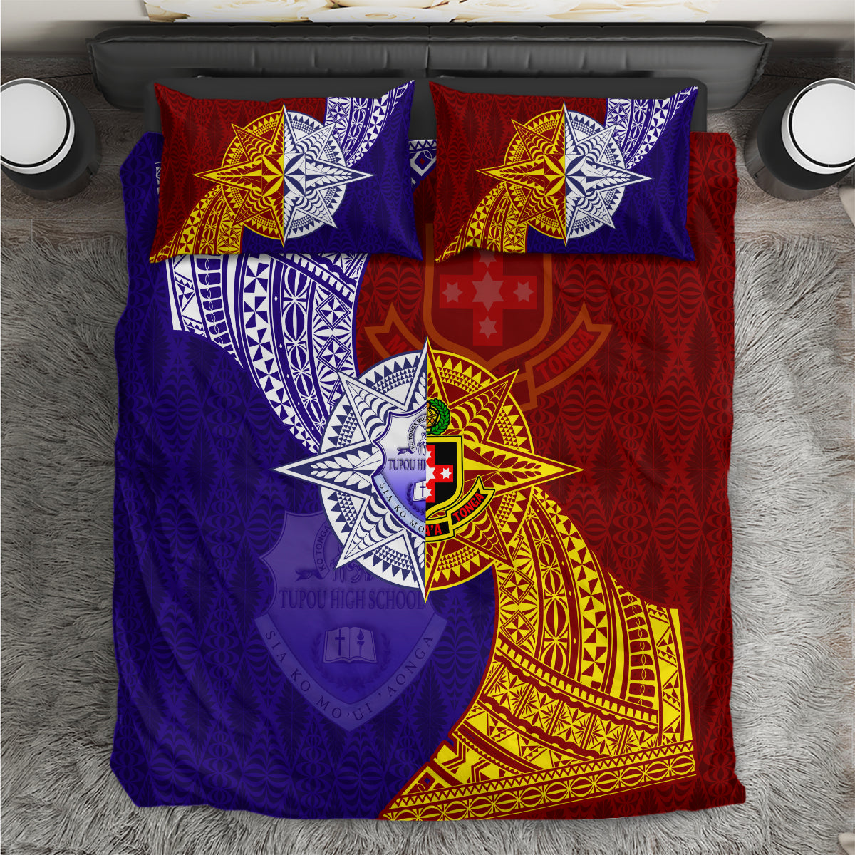 Kolisi Tonga Atele and Tupou College Toloa Bedding Set Ngatu and Polynesian Spiral Pattern