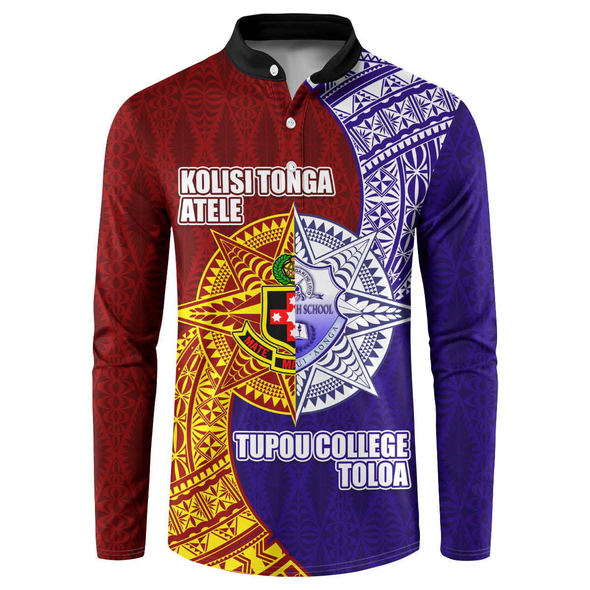 Kolisi Tonga Atele and Tupou College Toloa Button Sweatshirt Ngatu and Polynesian Spiral Pattern LT03 Red - Polynesian Pride