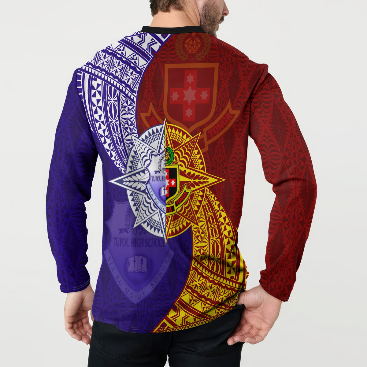 Kolisi Tonga Atele and Tupou College Toloa Button Sweatshirt Ngatu and Polynesian Spiral Pattern LT03 - Polynesian Pride