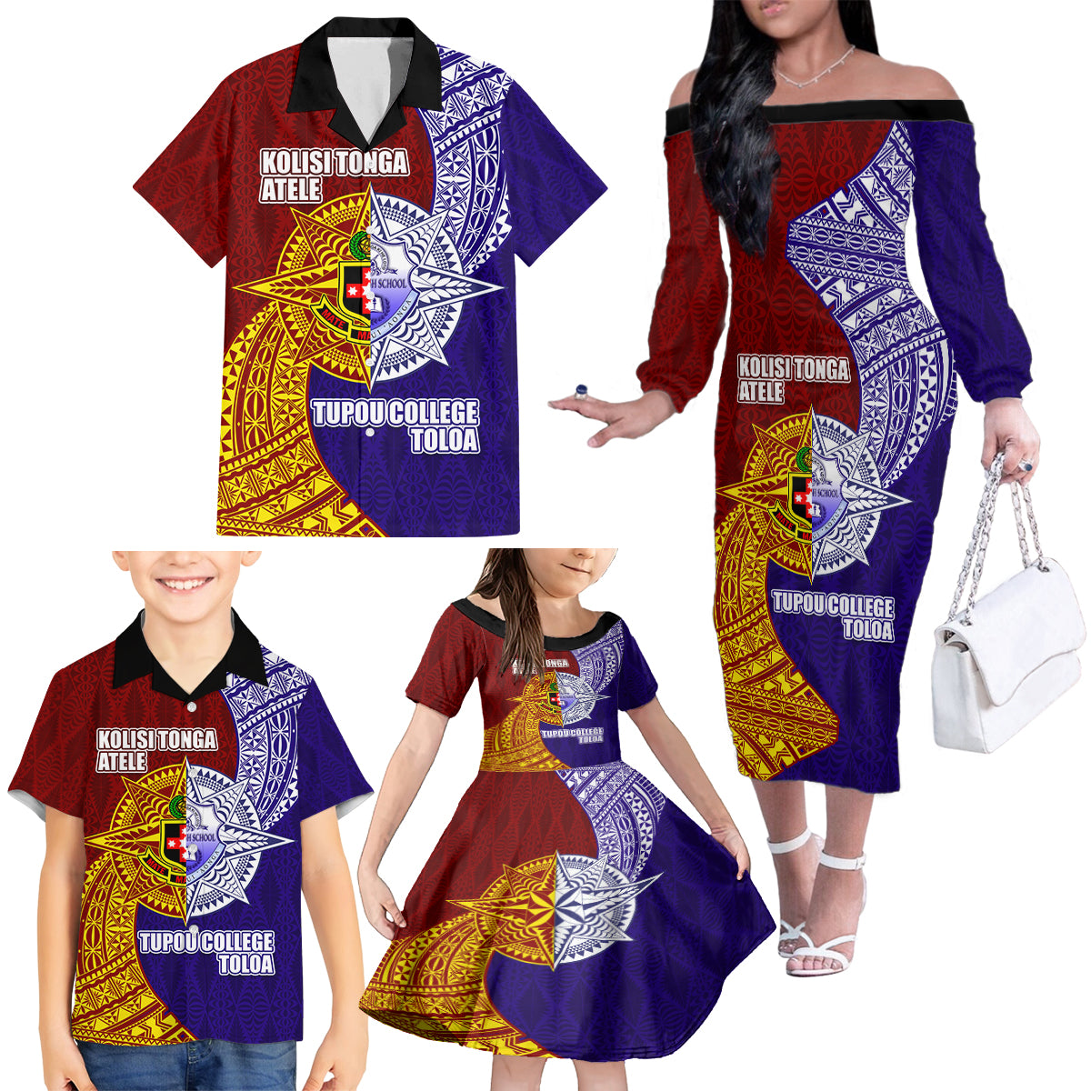 Kolisi Tonga Atele and Tupou College Toloa Family Matching Off The Shoulder Long Sleeve Dress and Hawaiian Shirt Ngatu and Polynesian Spiral Pattern