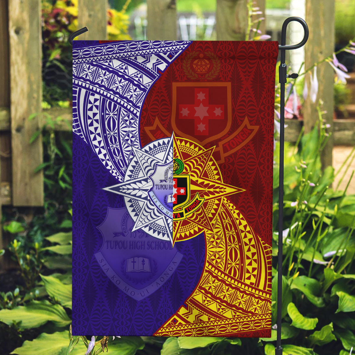 Kolisi Tonga Atele and Tupou College Toloa Garden Flag Ngatu and Polynesian Spiral Pattern