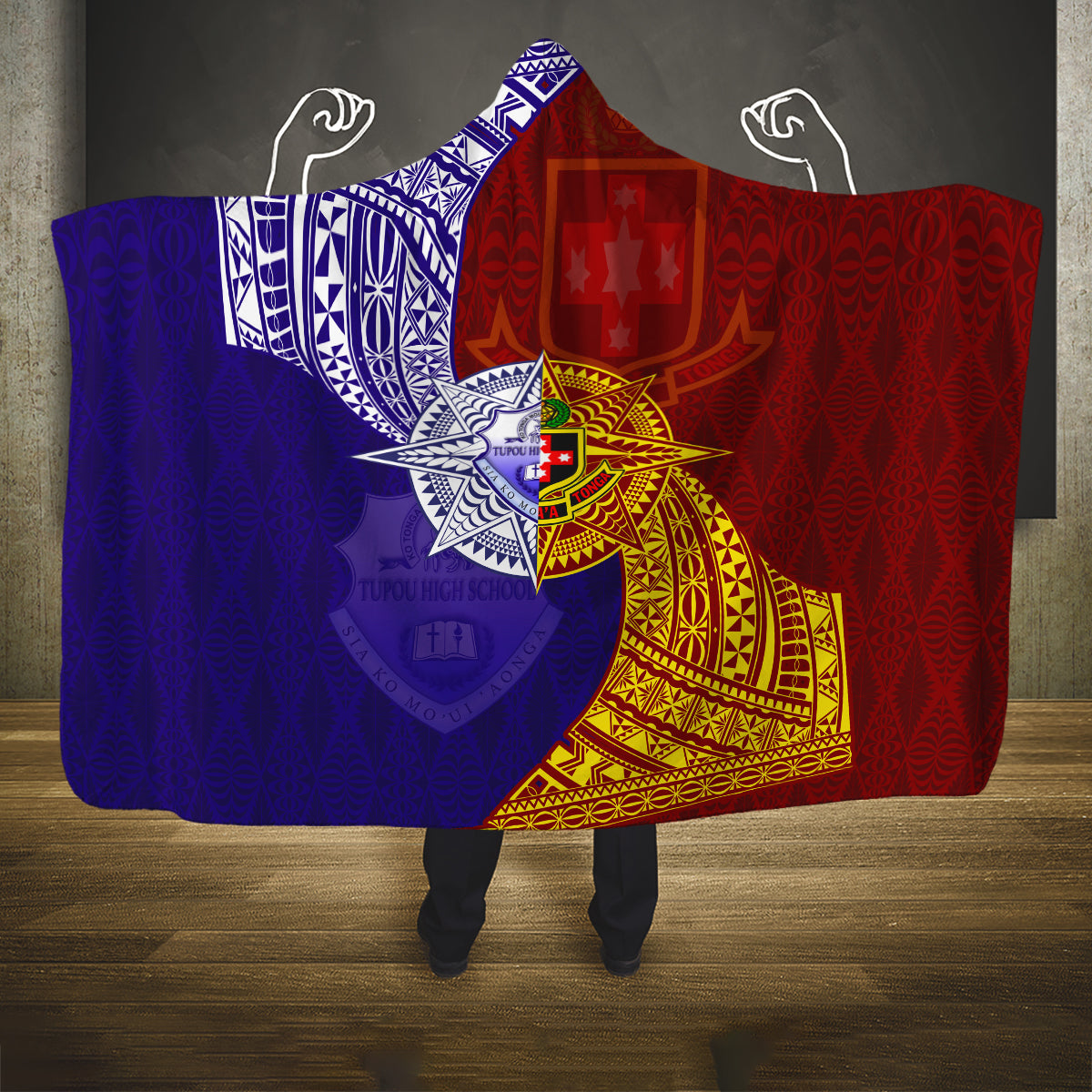 Kolisi Tonga Atele and Tupou College Toloa Hooded Blanket Ngatu and Polynesian Spiral Pattern