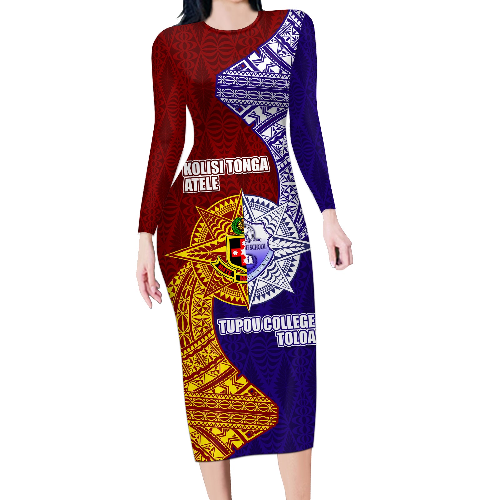 Kolisi Tonga Atele and Tupou College Toloa Long Sleeve Bodycon Dress Ngatu and Polynesian Spiral Pattern