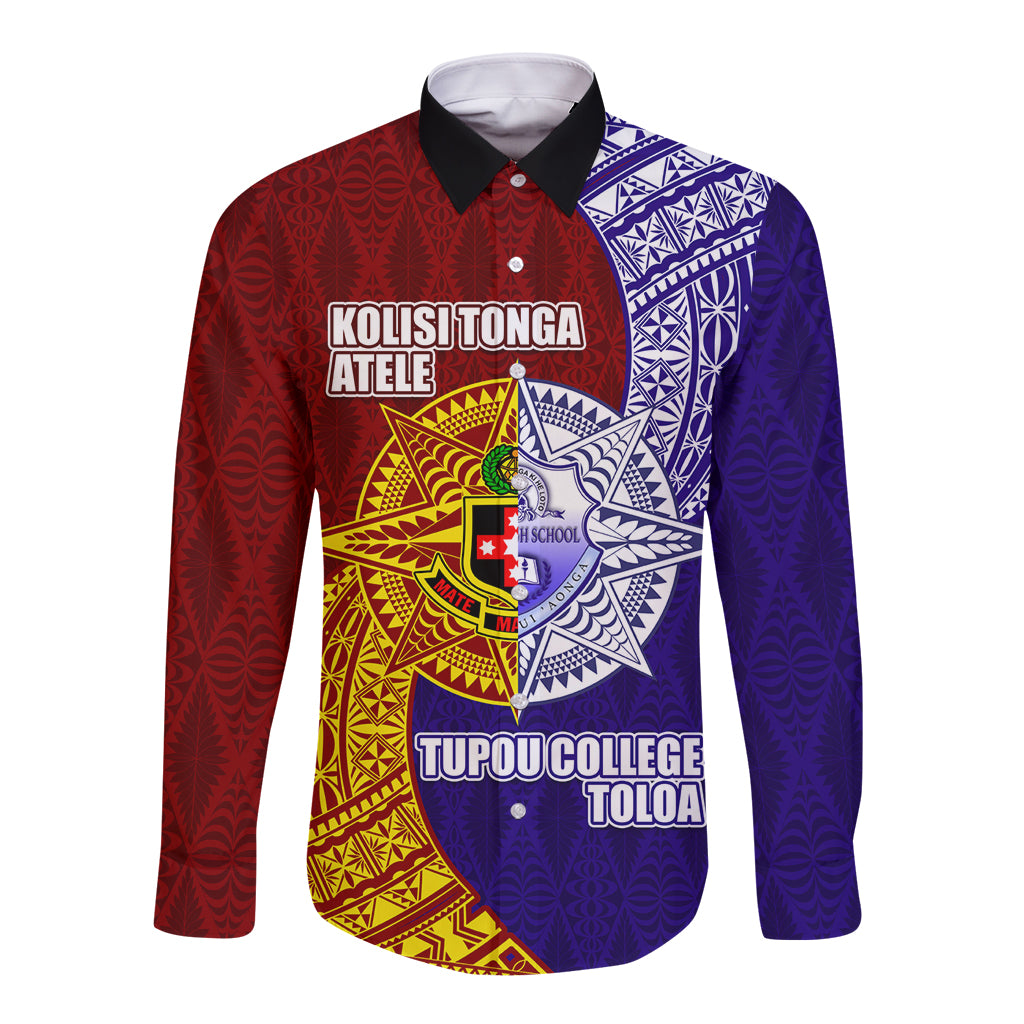 Kolisi Tonga Atele and Tupou College Toloa Long Sleeve Button Shirt Ngatu and Polynesian Spiral Pattern
