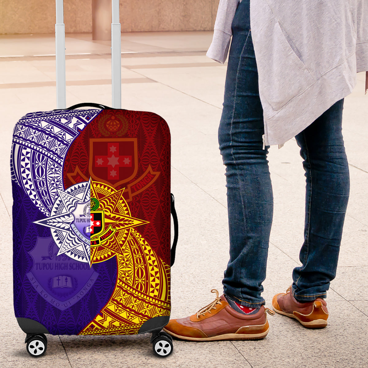 Kolisi Tonga Atele and Tupou College Toloa Luggage Cover Ngatu and Polynesian Spiral Pattern LT03 Red - Polynesian Pride
