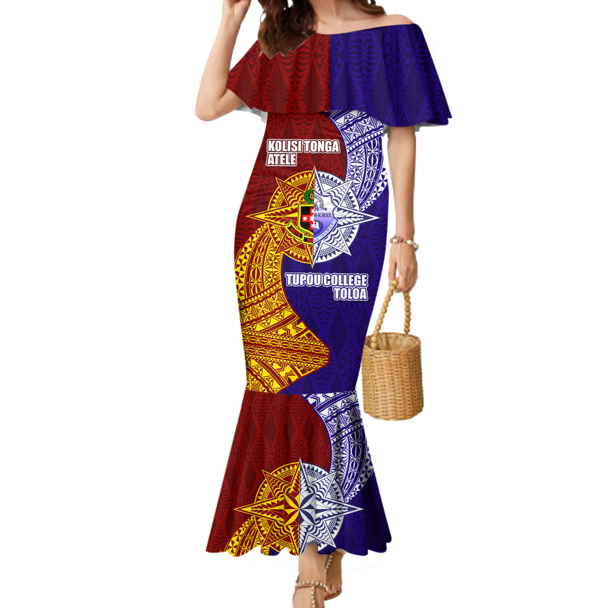 Kolisi Tonga Atele and Tupou College Toloa Mermaid Dress Ngatu and Polynesian Spiral Pattern