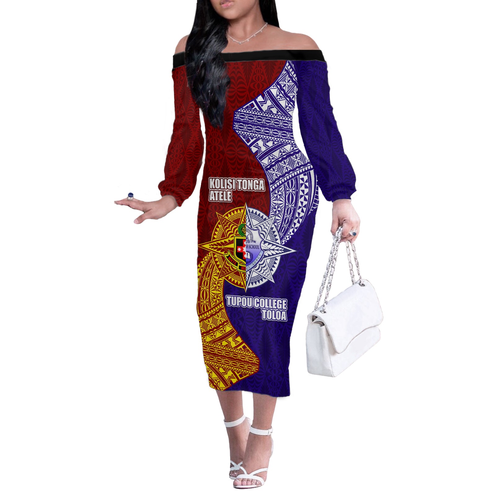 Kolisi Tonga Atele and Tupou College Toloa Off The Shoulder Long Sleeve Dress Ngatu and Polynesian Spiral Pattern