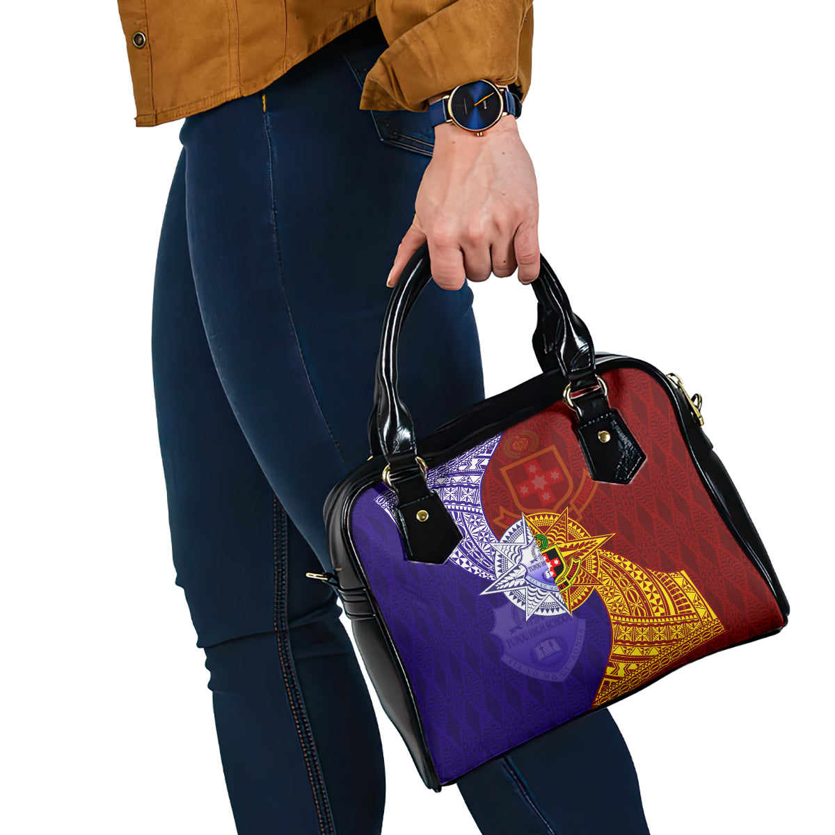 Kolisi Tonga Atele and Tupou College Toloa Shoulder Handbag Ngatu and Polynesian Spiral Pattern LT03 - Polynesian Pride