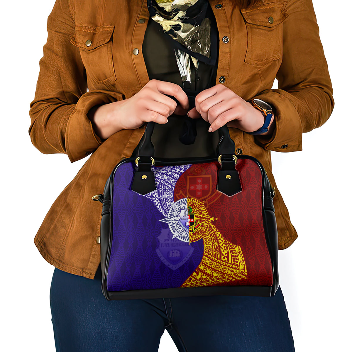 Kolisi Tonga Atele and Tupou College Toloa Shoulder Handbag Ngatu and Polynesian Spiral Pattern LT03 - Polynesian Pride