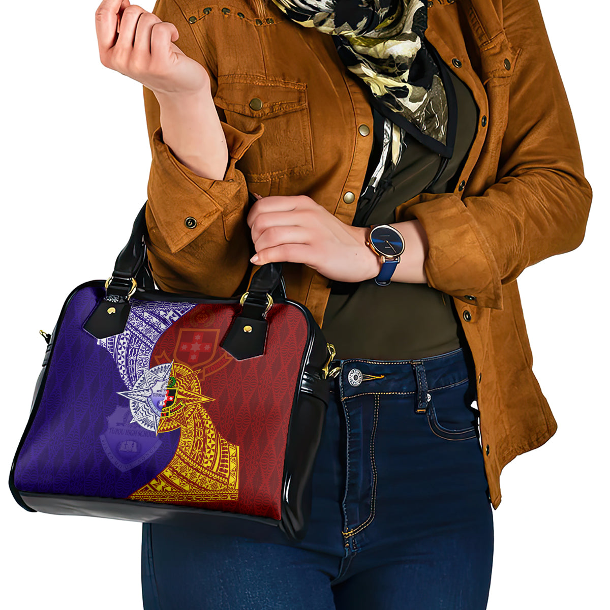 Kolisi Tonga Atele and Tupou College Toloa Shoulder Handbag Ngatu and Polynesian Spiral Pattern LT03 - Polynesian Pride