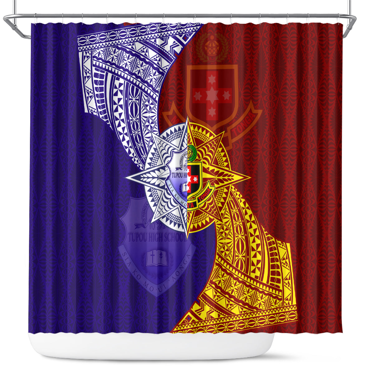Kolisi Tonga Atele and Tupou College Toloa Shower Curtain Ngatu and Polynesian Spiral Pattern LT03 Red - Polynesian Pride