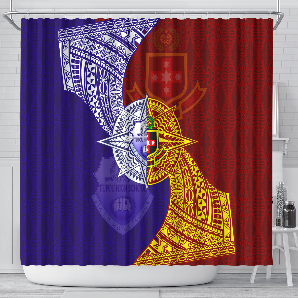 Kolisi Tonga Atele and Tupou College Toloa Shower Curtain Ngatu and Polynesian Spiral Pattern LT03 - Polynesian Pride