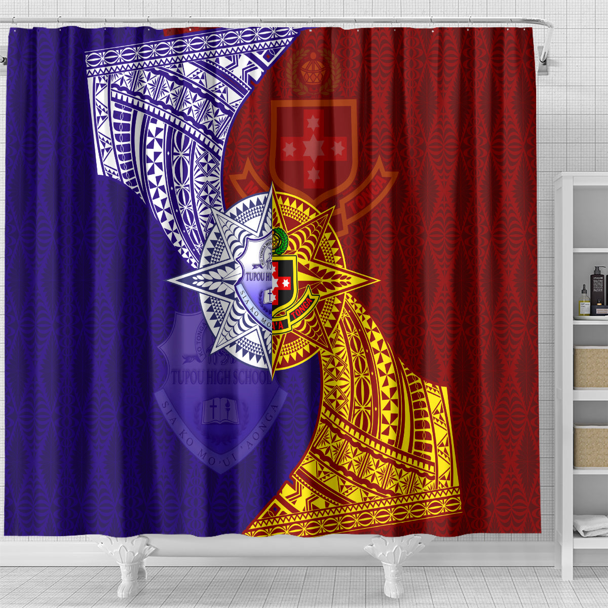Kolisi Tonga Atele and Tupou College Toloa Shower Curtain Ngatu and Polynesian Spiral Pattern LT03 - Polynesian Pride