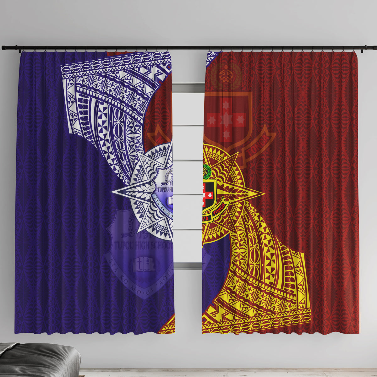Kolisi Tonga Atele and Tupou College Toloa Window Curtain Ngatu and Polynesian Spiral Pattern LT03 With Hooks Red - Polynesian Pride