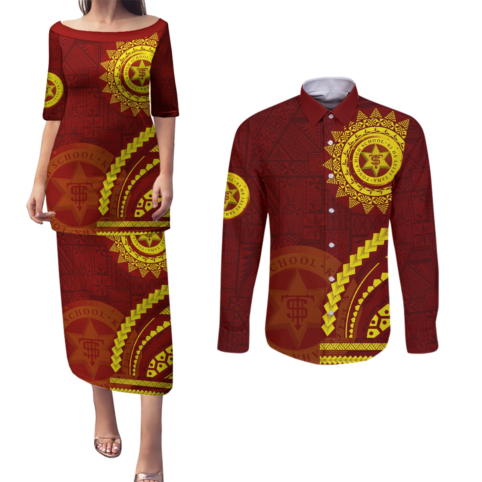 Tonga High School Couples Matching Puletasi and Long Sleeve Button Shirt Ngatu and Polynesian Pattern