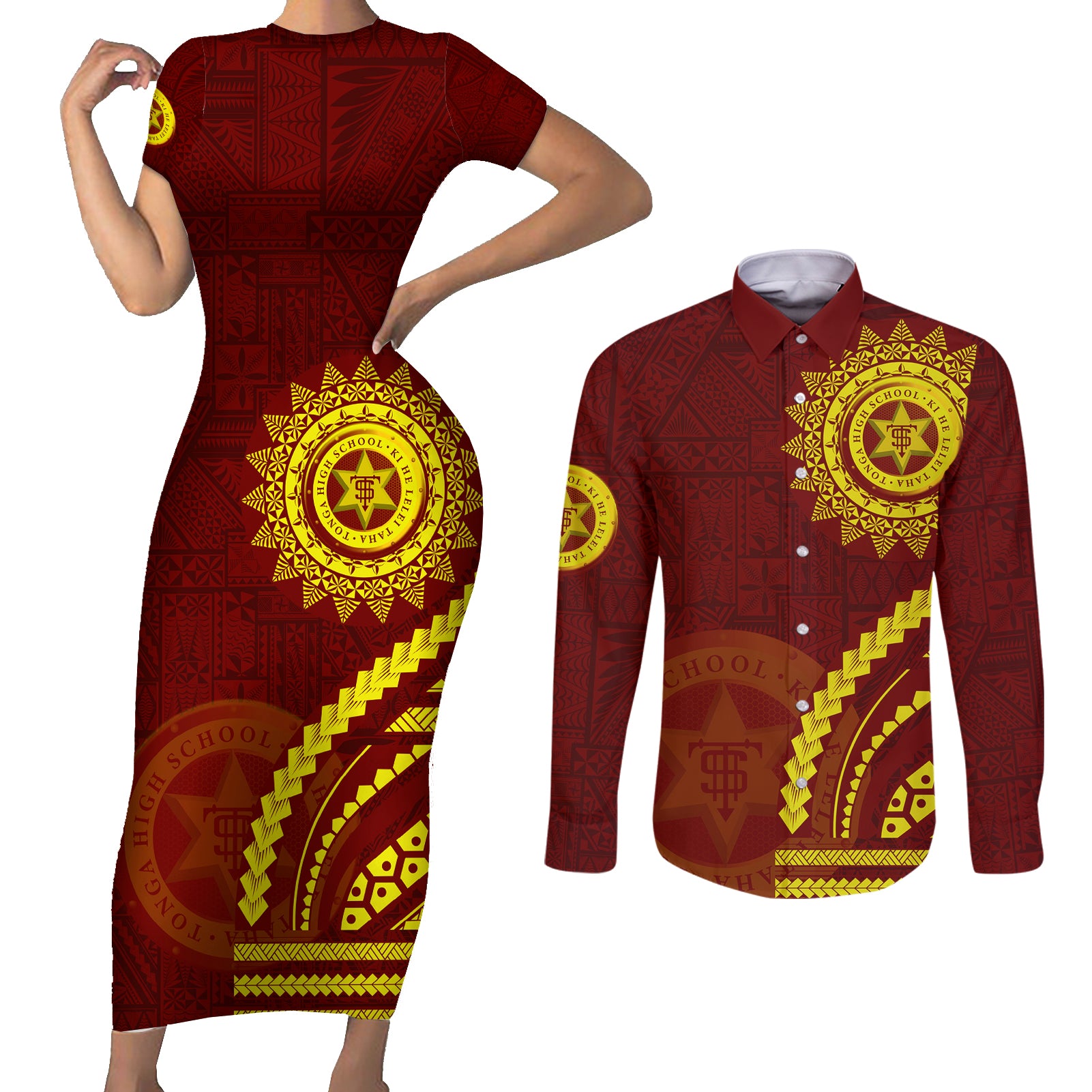 Tonga High School Couples Matching Short Sleeve Bodycon Dress and Long Sleeve Button Shirt Ngatu and Polynesian Pattern