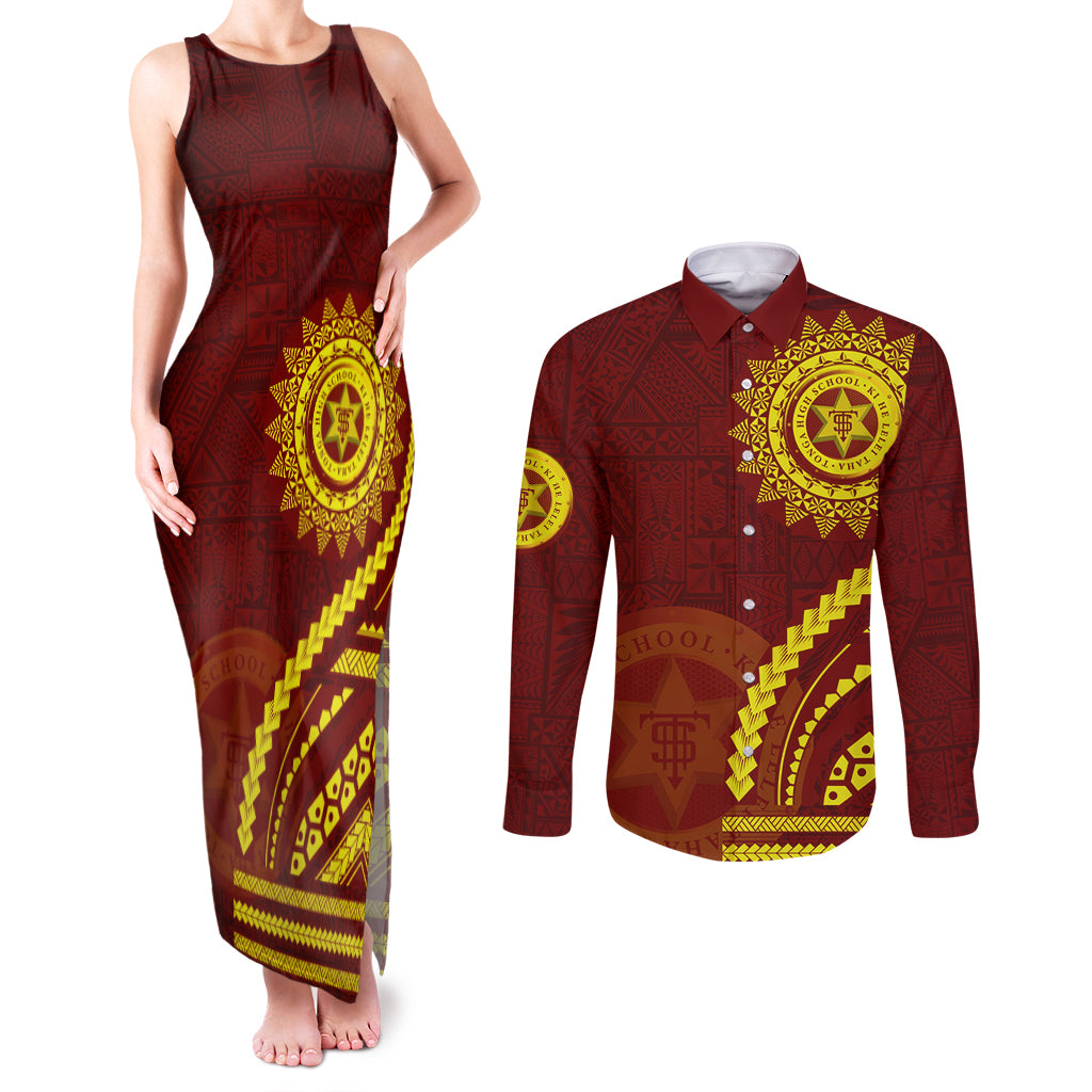 Tonga High School Couples Matching Tank Maxi Dress and Long Sleeve Button Shirt Ngatu and Polynesian Pattern LT03 Red - Polynesian Pride