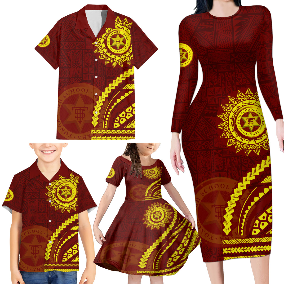 Tonga High School Family Matching Long Sleeve Bodycon Dress and Hawaiian Shirt Ngatu and Polynesian Pattern