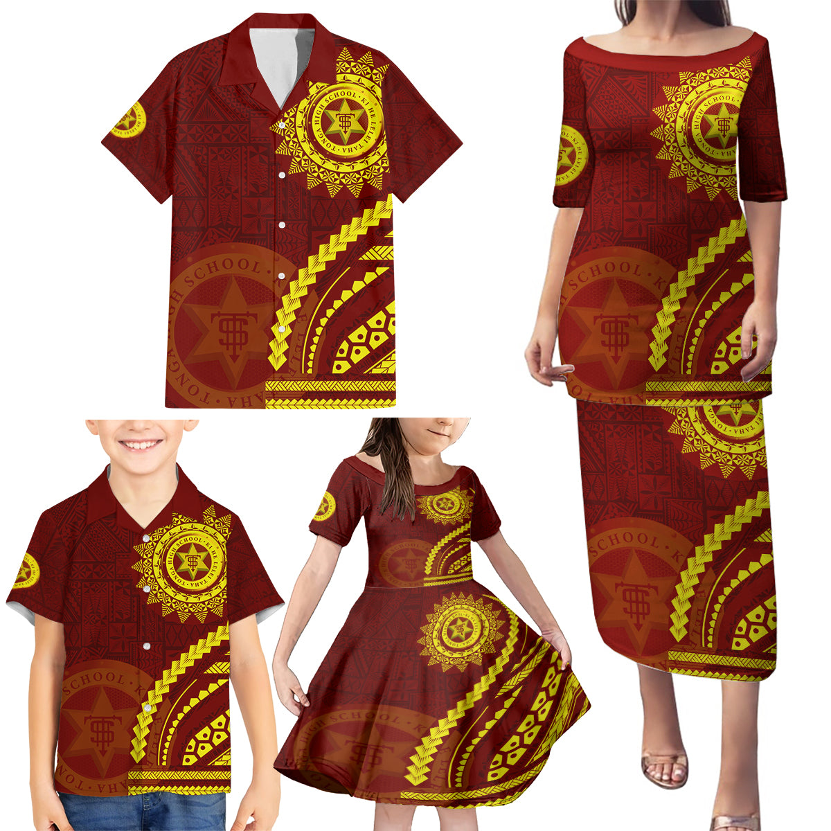 Tonga High School Family Matching Puletasi and Hawaiian Shirt Ngatu and Polynesian Pattern