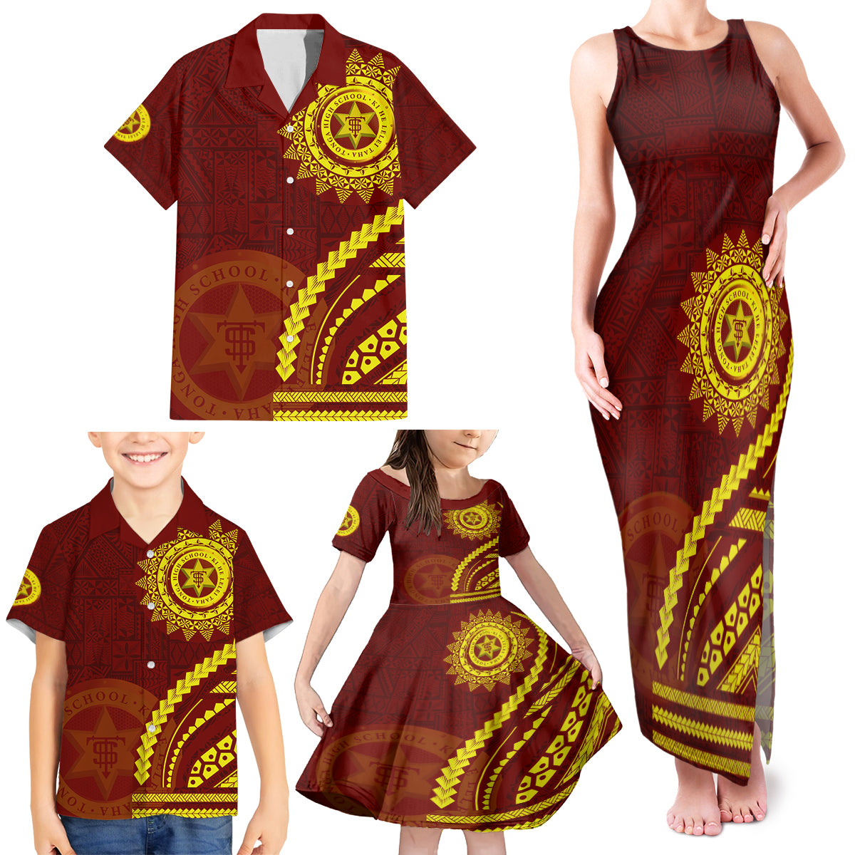 Tonga High School Family Matching Tank Maxi Dress and Hawaiian Shirt Ngatu and Polynesian Pattern