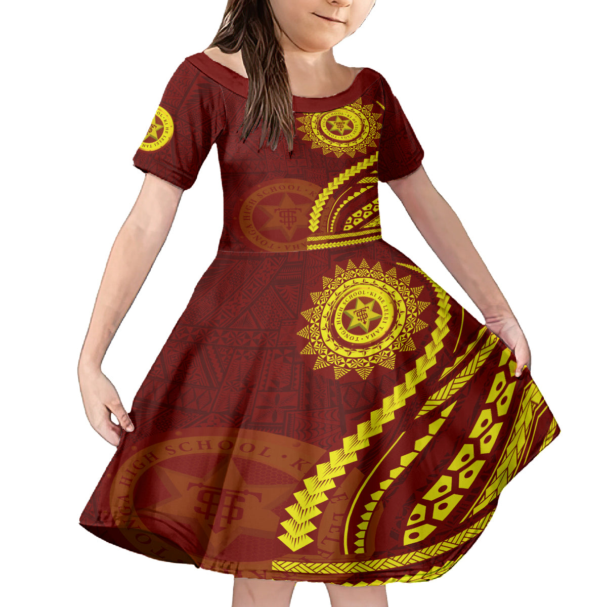 Tonga High School Kid Short Sleeve Dress Ngatu and Polynesian Pattern LT03 KID Red - Polynesian Pride