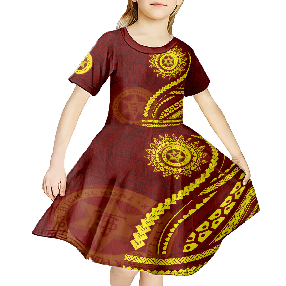 Tonga High School Kid Short Sleeve Dress Ngatu and Polynesian Pattern LT03 - Polynesian Pride