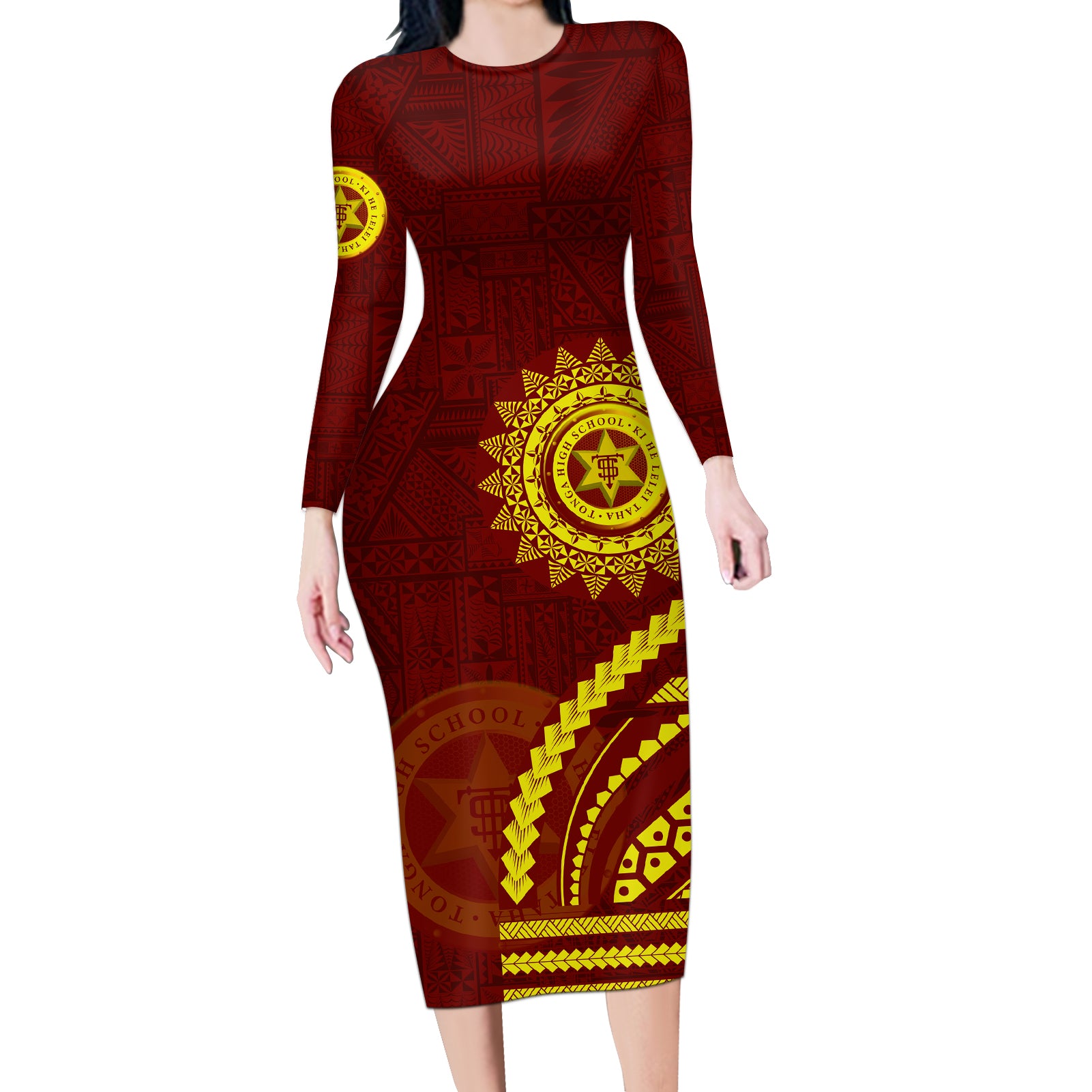 Tonga High School Long Sleeve Bodycon Dress Ngatu and Polynesian Pattern