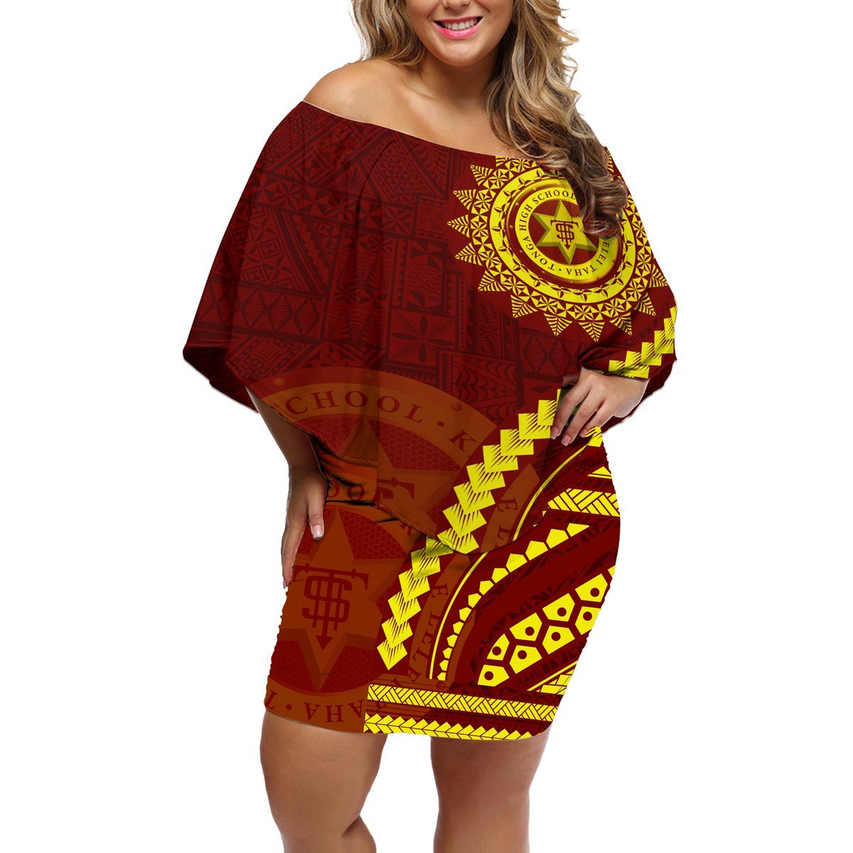 Tonga High School Off Shoulder Short Dress Ngatu and Polynesian Pattern LT03 Women Red - Polynesian Pride