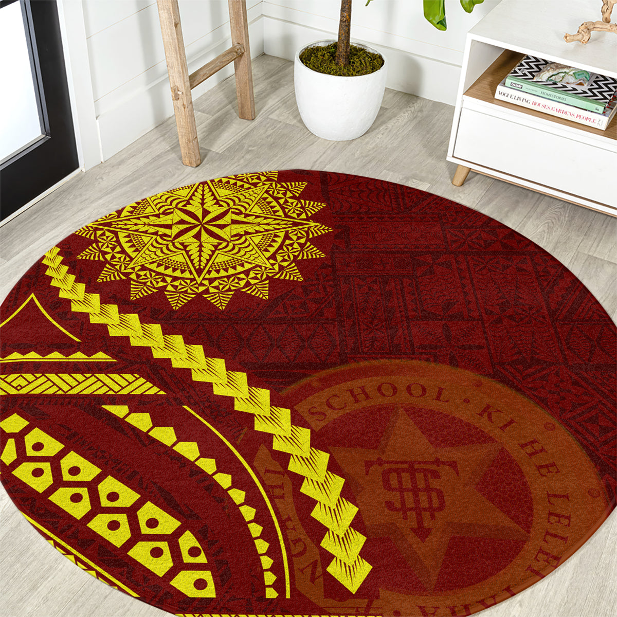 Tonga High School Round Carpet Ngatu and Polynesian Pattern LT03 Red - Polynesian Pride